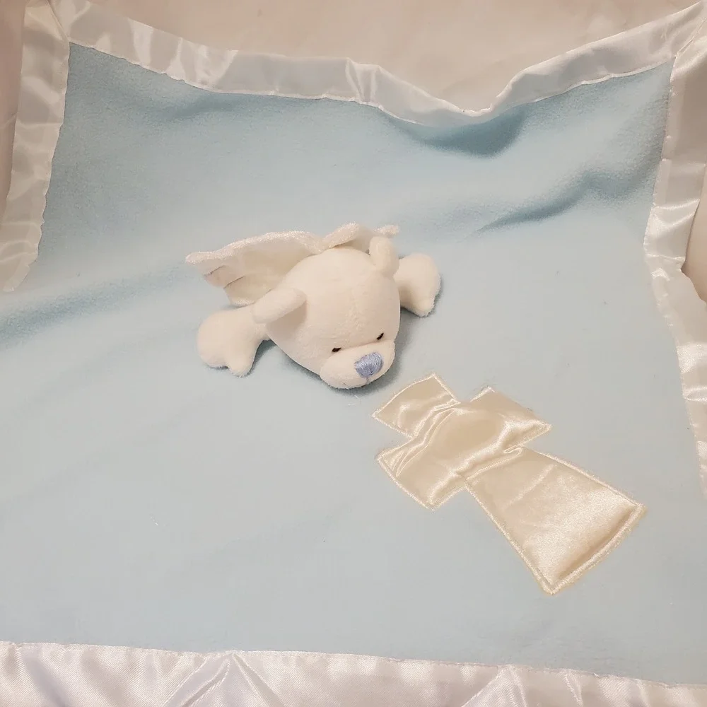 Baby Boom Lovey Security Blanket White Angel Bear Satin Like Cross Trim Religion